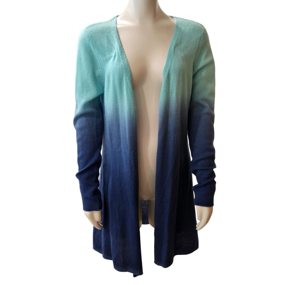 Kier + J2 100% Cashmere Sweater Sz L fist S/M Colorblock Ombre Blue Open Front